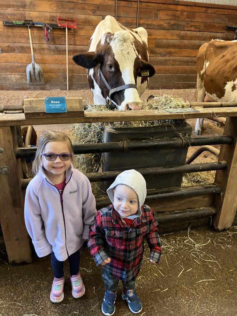 A smiling young girl in a lavender jacket and purple glasses stands next to a toddler in a red-and-black plaid coat and gray hood, both in front of a brown-and-white cow eating hay inside a wooden barn.