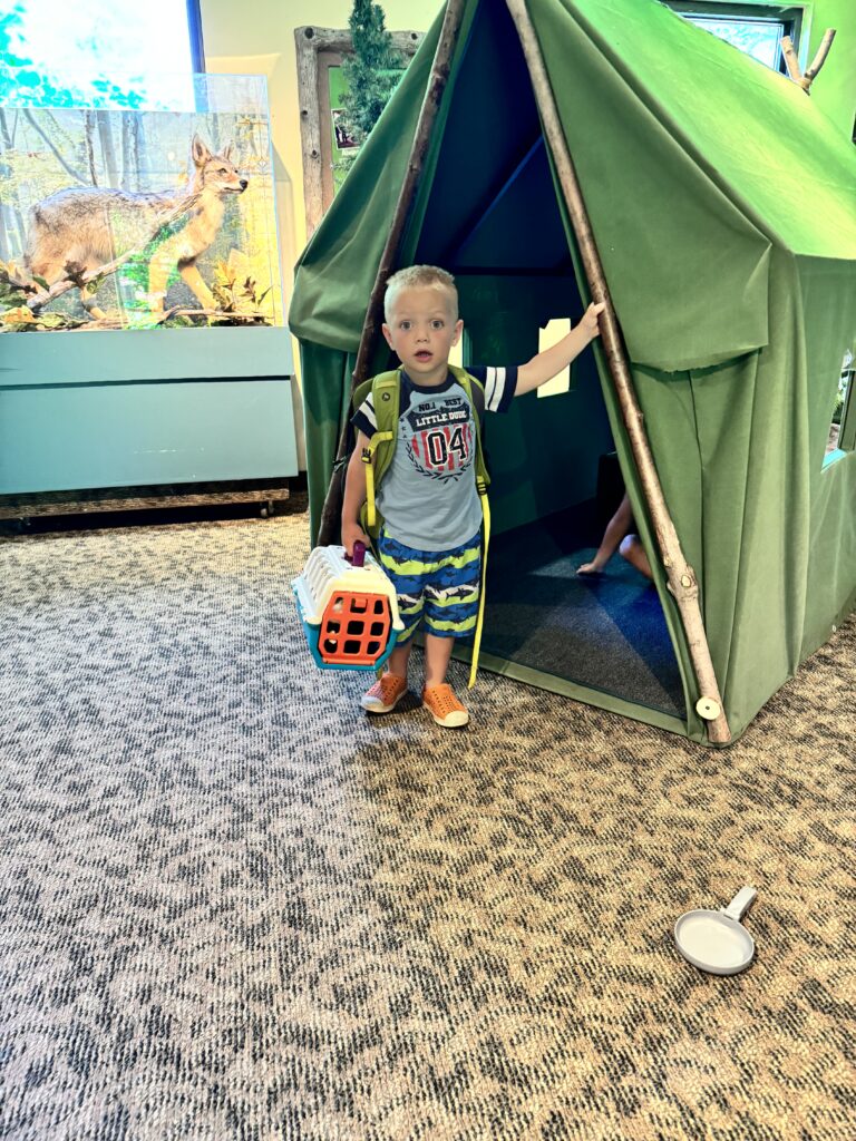 Young blond boy with a backpack and striped shirt stands at the opening of a green fabric play tent indoors, holding a small plastic pet carrier and looking surprised, with a taxidermy coyote display in a glass case and a small pan on the patterned carpet nearby.