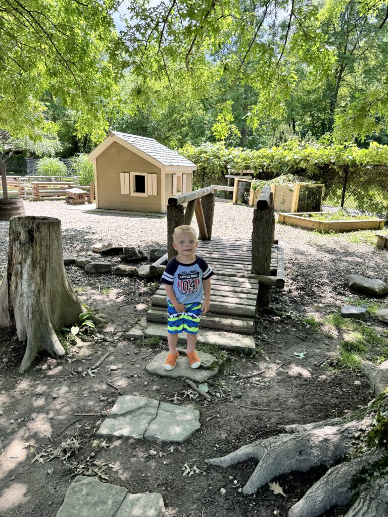 A young blonde boy in a navy T‑shirt with '04', blue patterned shorts and orange slip‑on shoes stands on a stone in front of a small beige playhouse and rustic wooden footbridge under leafy trees.