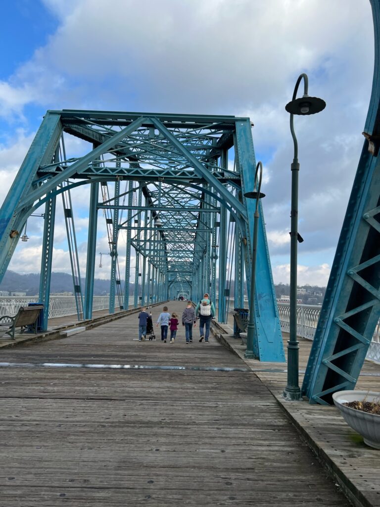 children walking on walnut street bridge