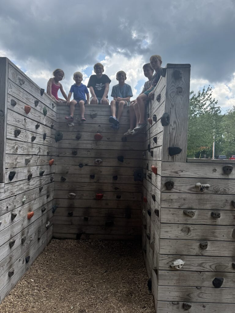 Six children sit along the top edge of a tall wooden climbing-wall structure at a playground with their legs dangling over weathered boards studded with colorful climbing holds, a cloudy sky above and wood-chip flooring below.