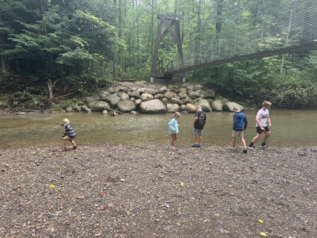 Five children stand and play along a pebbled riverbank beside a shallow, rock-lined stream under a wooden suspension bridge in a dense green forest.