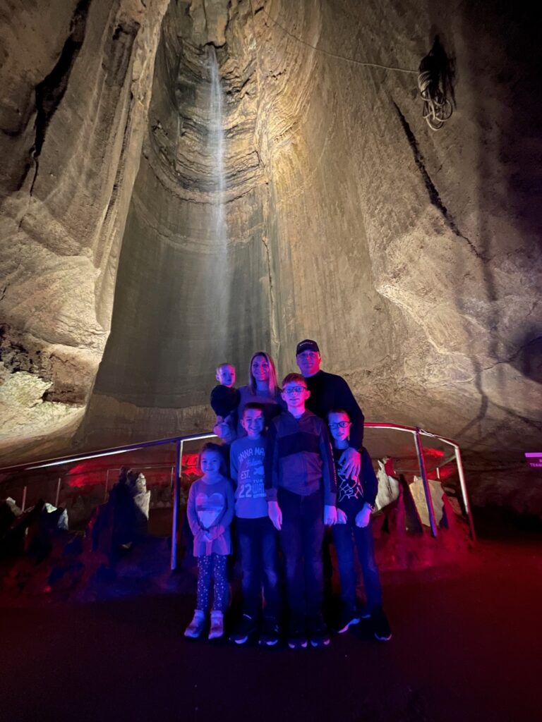 Ruby Falls underground waterfall illuminated inside Lookout Mountain