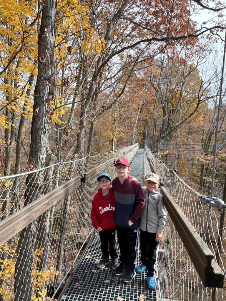Three boys stand together on a narrow suspended footbridge above a forest of orange and yellow autumn leaves, smiling and wearing a red hoodie, a maroon hoodie with a red cap, and a gray jacket, with the metal-grate walkway and wire railings extending behind them.