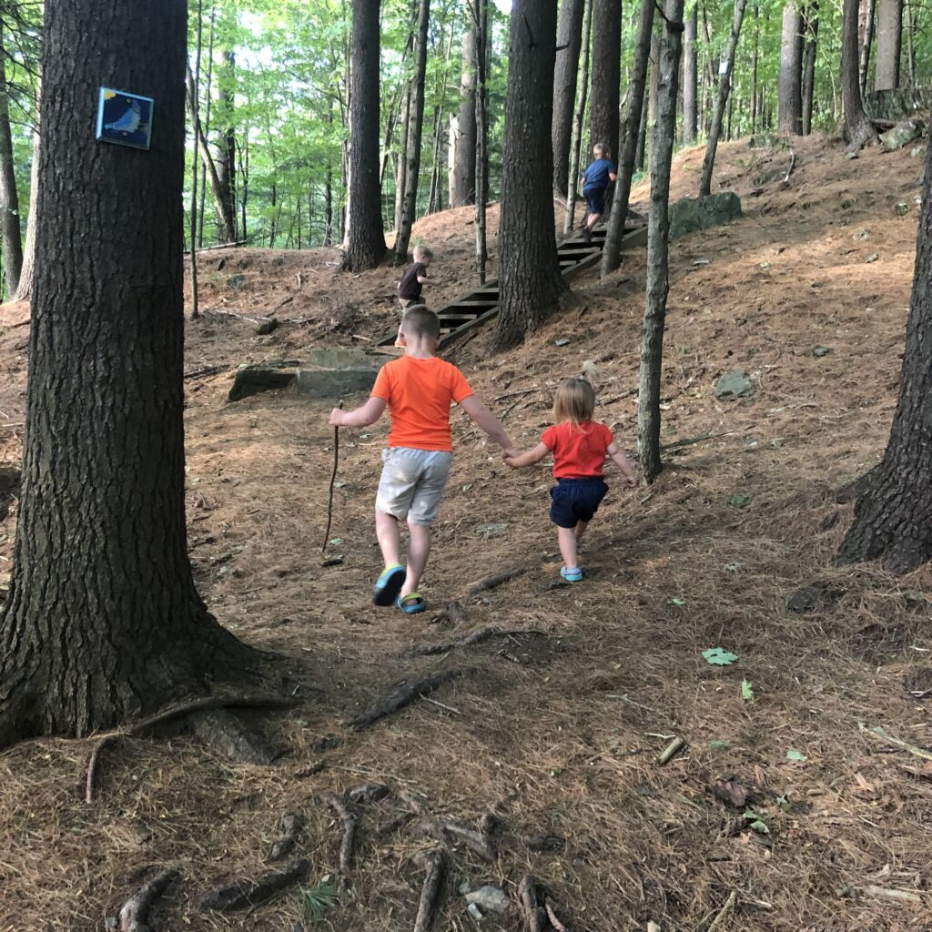 children walking the sunset rock hike in stowe vermont during summer