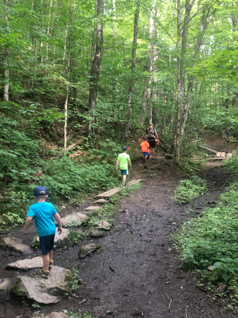 family hiking in Elmore State forest in stowe vermont during summer