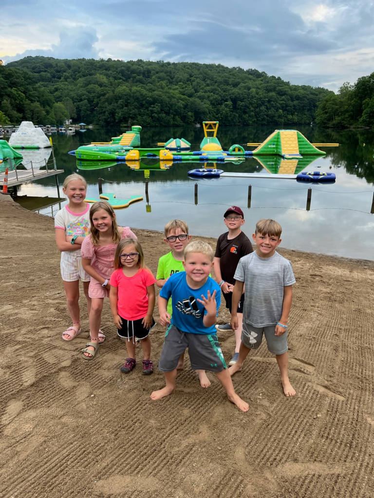 kids in front of Austin lake ninja course Austin Lake Campground Ohio