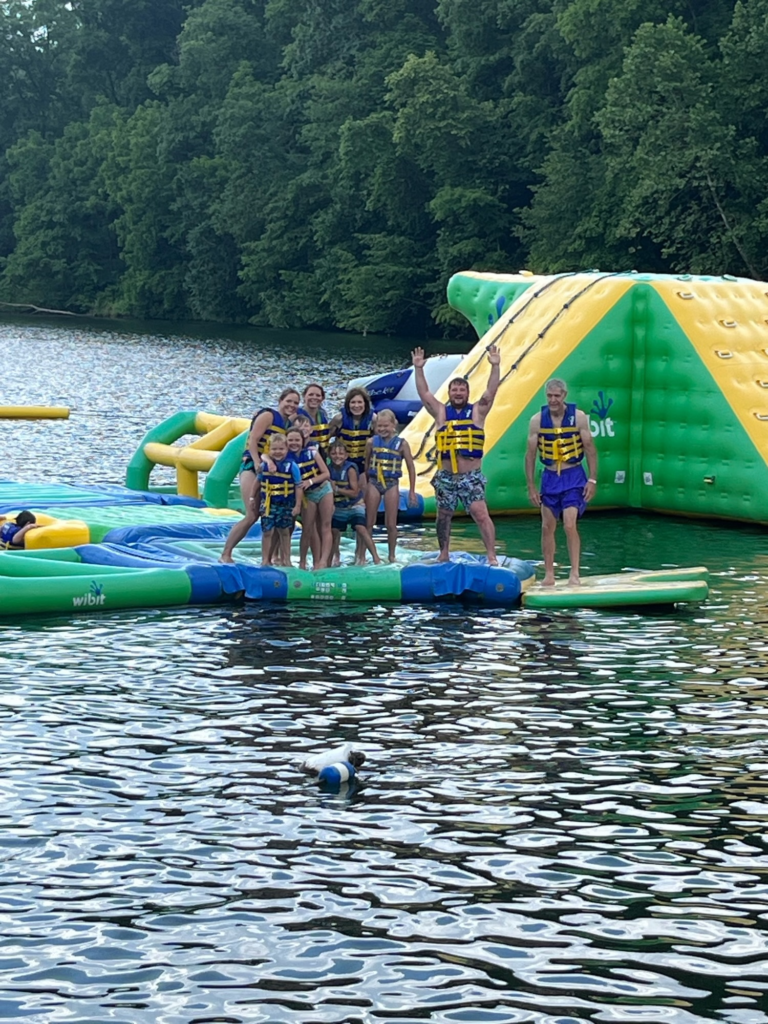 a bunch of people on water ninja course at Austin Lake Campground Steubenville ohio